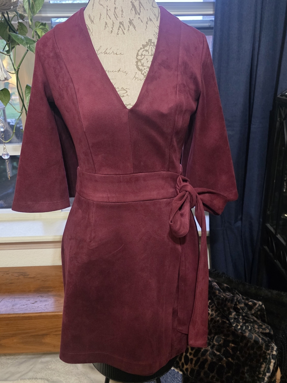 VENUS Burgundy Faux Suede Mini Dress Stretch Bow Tie